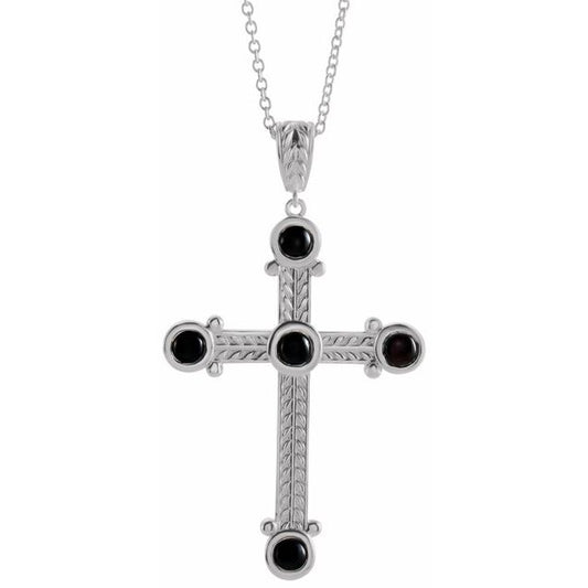 Platinum Natural Black Onyx Cross 16-18" Necklace