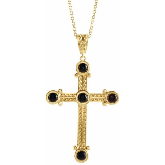 14K Yellow Gold Natural Black Onyx Cross 16-18" Necklace