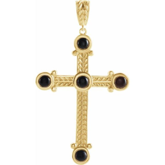 14K Yellow Gold Natural Black Onyx Cross Pendant