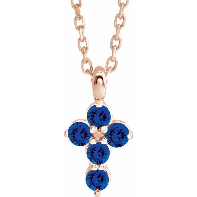 14K Rose Gold Natural Blue Sapphire Cross 16-18" Necklace