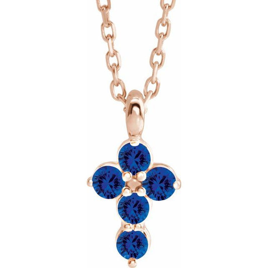 14K Rose Gold Natural Blue Sapphire Cross 16-18" Necklace