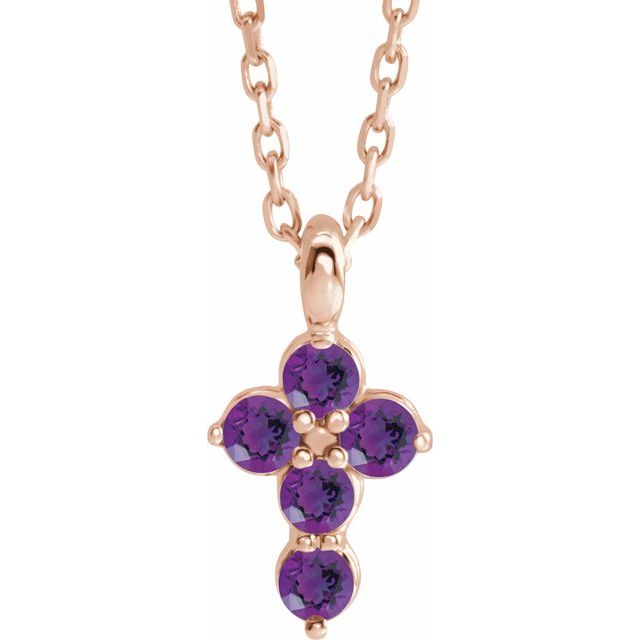 14K Rose Gold Natural Amethyst Cross 16-18" Necklace