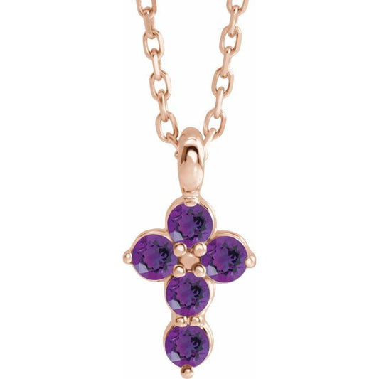 14K Rose Gold Natural Amethyst Cross 16-18" Necklace