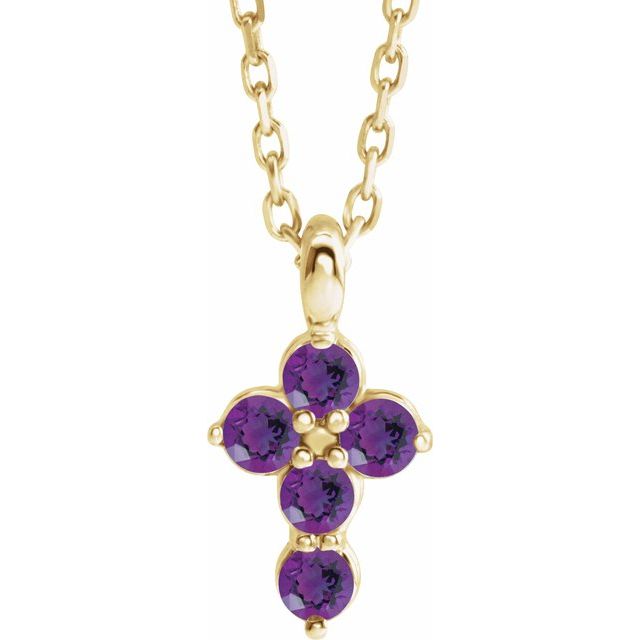 14K Yellow Gold Natural Amethyst Cross 16-18" Necklace