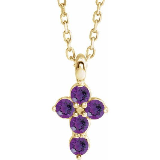 14K Yellow Gold Natural Amethyst Cross 16-18" Necklace