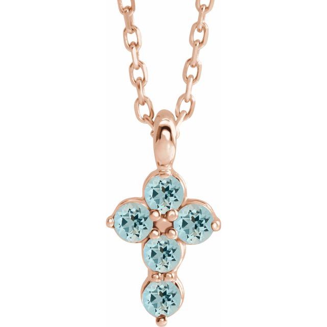 14K Rose Gold Natural Aquamarine Cross 16-18" Necklace