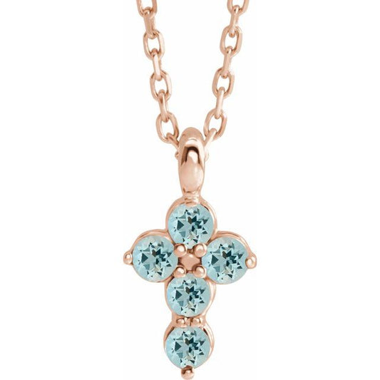 14K Rose Gold Natural Aquamarine Cross 16-18" Necklace