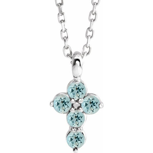 Sterling Silver Natural Aquamarine Cross 16-18" Necklace