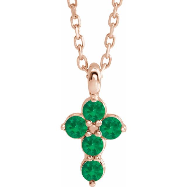 14K Rose Gold Natural Emerald Cross 16-18" Necklace