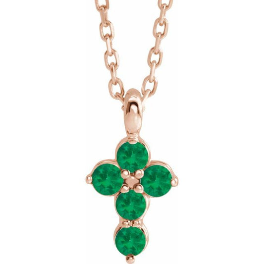 14K Rose Gold Natural Emerald Cross 16-18" Necklace
