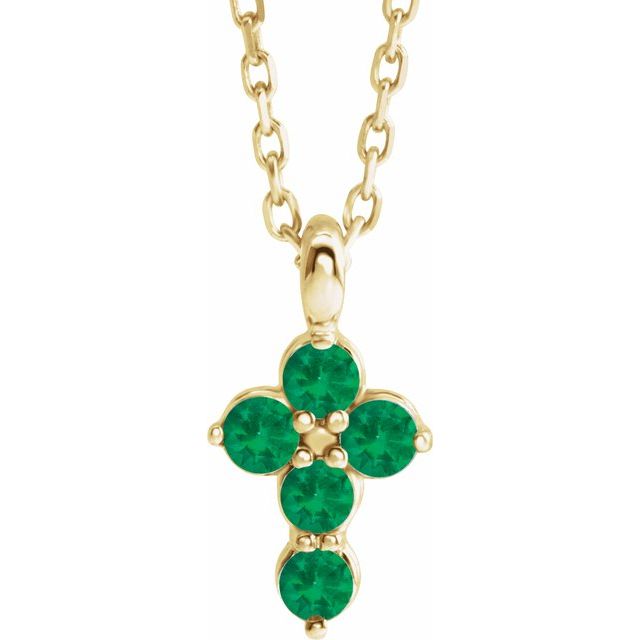 14K Yellow Gold Natural Emerald Cross 16-18" Necklace