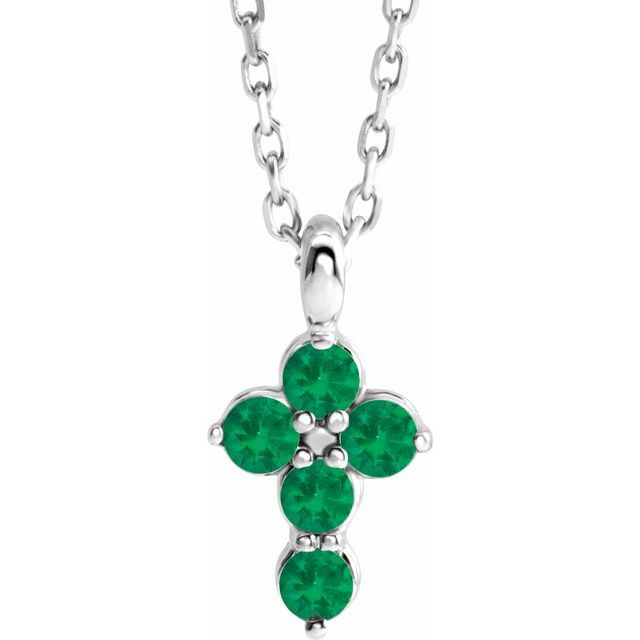 14K White Gold Emerald Cross 16-18" Necklace