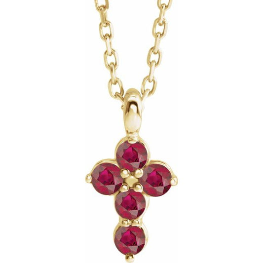 14K Yellow Gold Natural Ruby Cross 16-18" Necklace