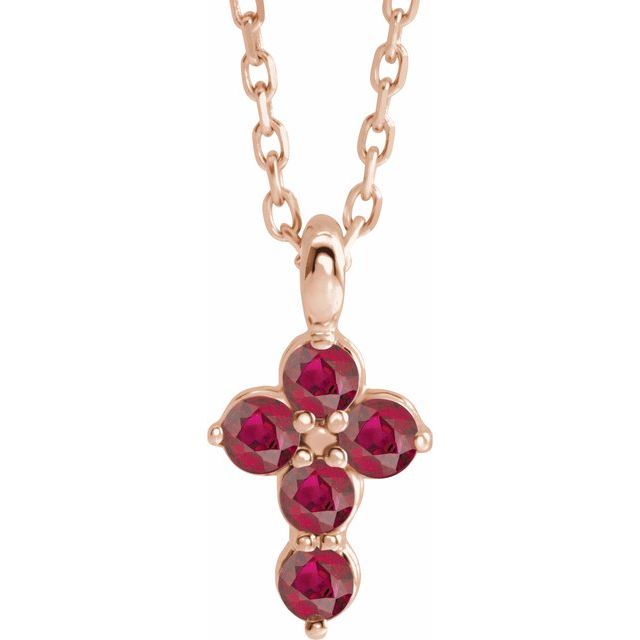 14K Rose Gold Natural Ruby Cross 16-18" Necklace