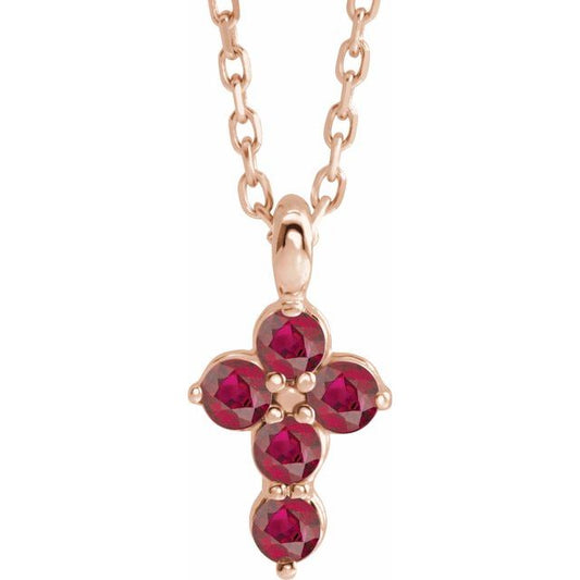 14K Rose Gold Natural Ruby Cross 16-18" Necklace