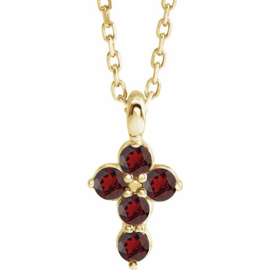 14K Yellow Gold Natural Mozambique Garnet Cross 16-18" Necklace
