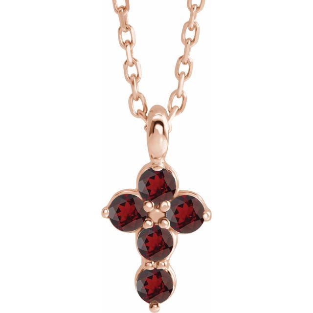 14K Rose Gold Natural Mozambique Garnet Cross 16-18" Necklace