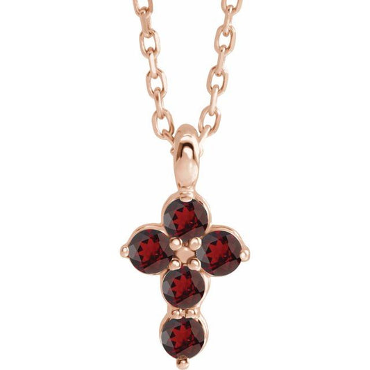 14K Rose Gold Natural Mozambique Garnet Cross 16-18" Necklace