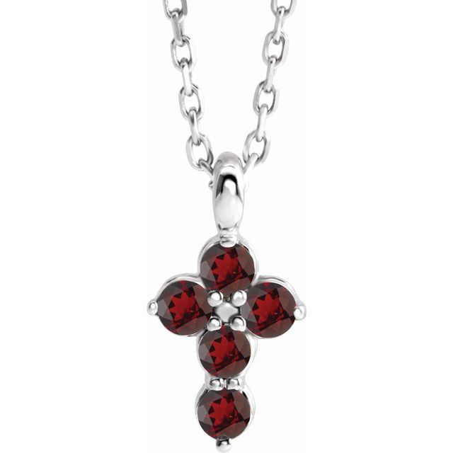 14K White Gold Natural Mozambique Garnet Cross 16-18" Necklace