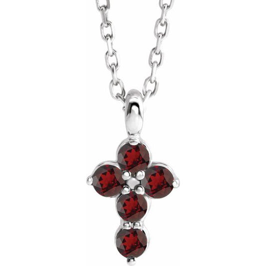 14K White Gold Natural Mozambique Garnet Cross 16-18" Necklace