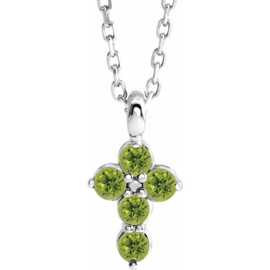 14K White Gold Natural Peridot Cross 16-18" Necklace