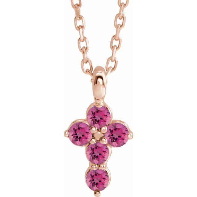 14K Rose Gold Natural Pink Tourmaline Cross 16-18" Necklace