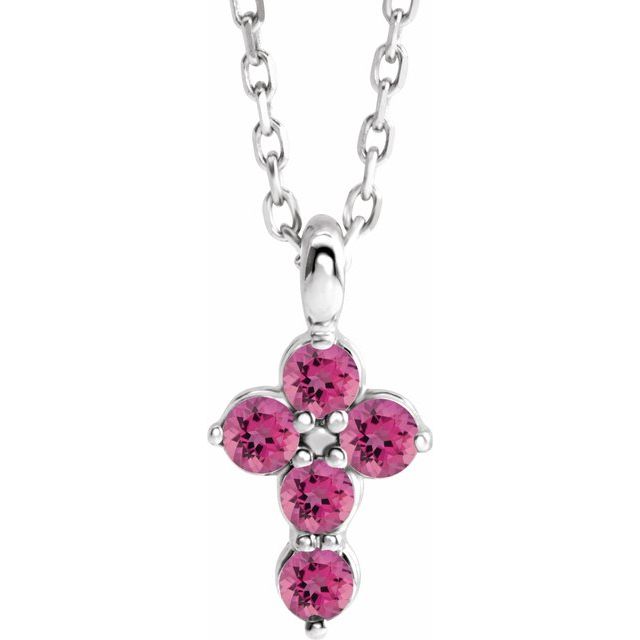 Sterling Silver Natural Pink Tourmaline Cross 16-18" Necklace