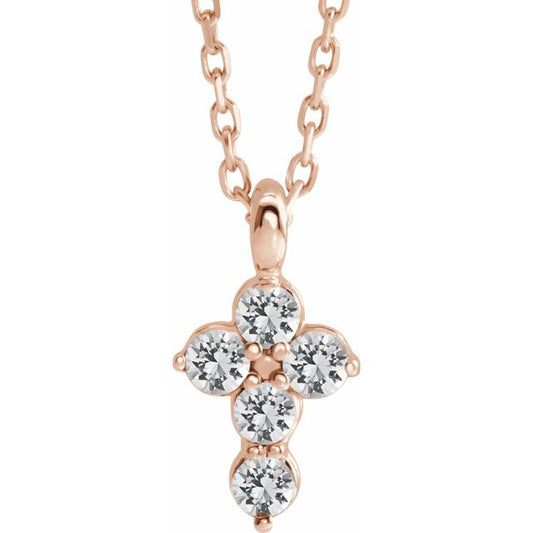 14K Rose Gold Natural White Sapphire Cross 16-18" Necklace