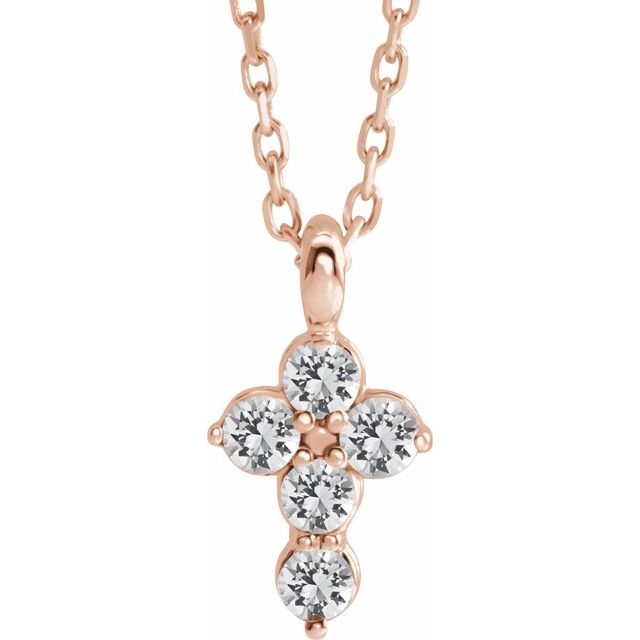 14K Rose Gold Natural White Sapphire Cross 16-18" Necklace
