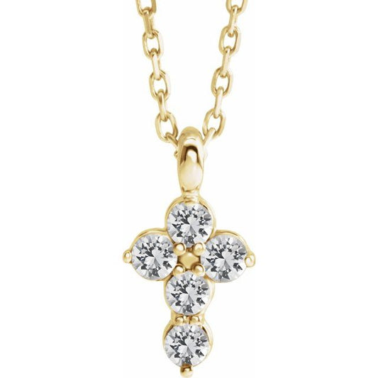 14K Yellow Gold Natural White Sapphire Cross 16-18" Necklace