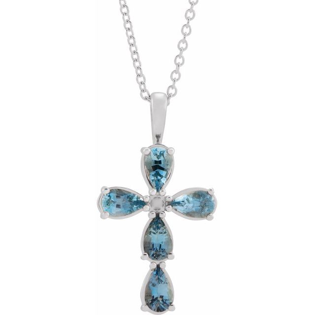 Sterling Silver Natural Aquamarine Cross 16-18" Necklace