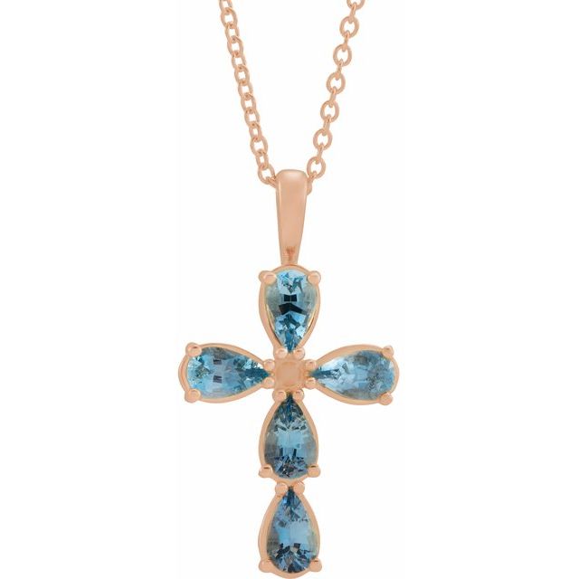 14K Rose Gold Natural Aquamarine Cross 16-18" Necklace