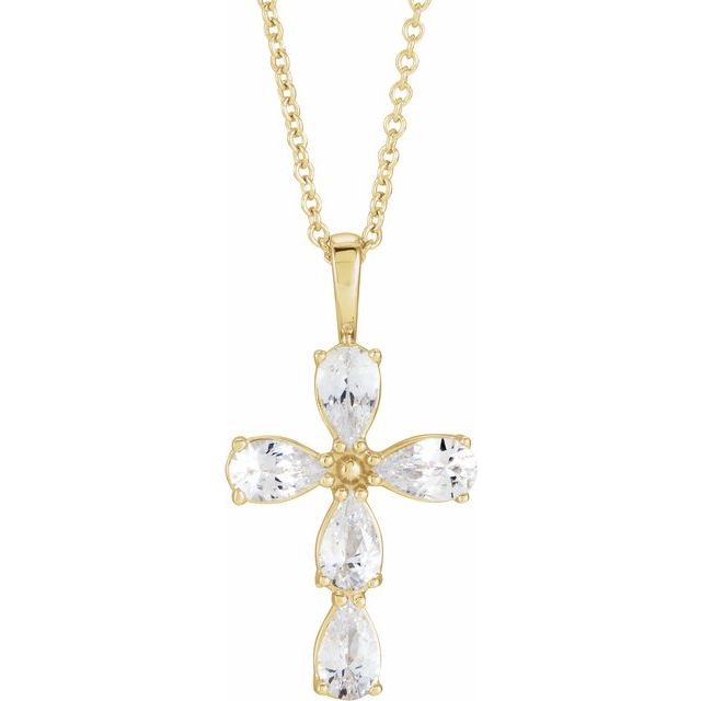 14K Yellow Gold Natural White Sapphire Cross 16-18" Necklace