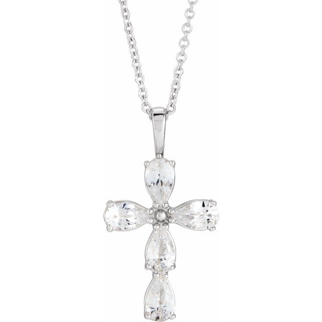 14K White Gold Natural White Sapphire Cross 16-18" Necklace