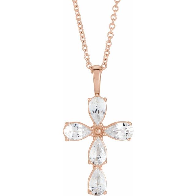 14K Rose Gold Natural White Sapphire Cross 16-18" Necklace