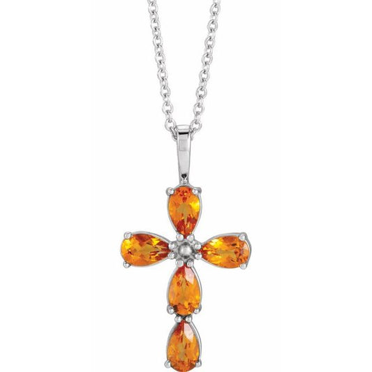 Sterling Silver Natural Citrine Cross 16-18" Necklace