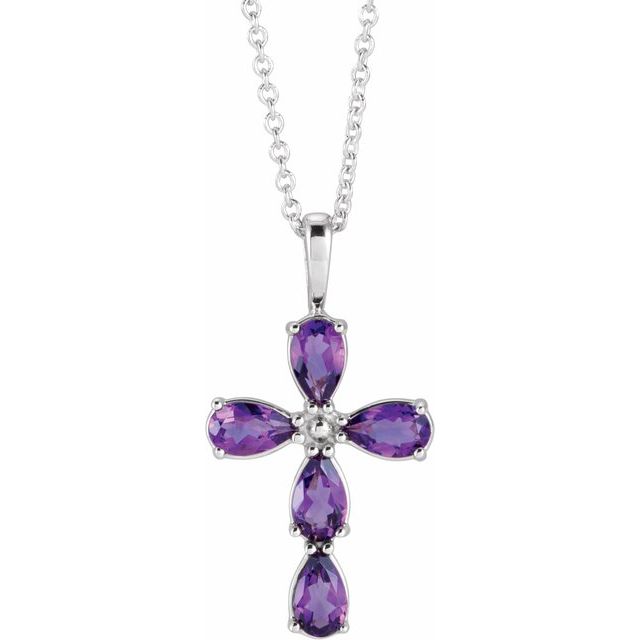 Sterling Silver Natural Amethyst Cross 16-18" Necklace