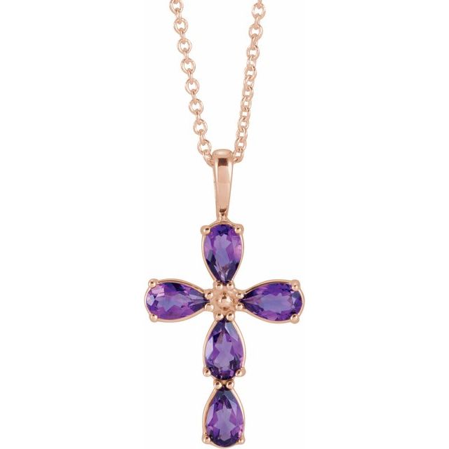 14K Rose Gold Natural Amethyst Cross 16-18" Necklace