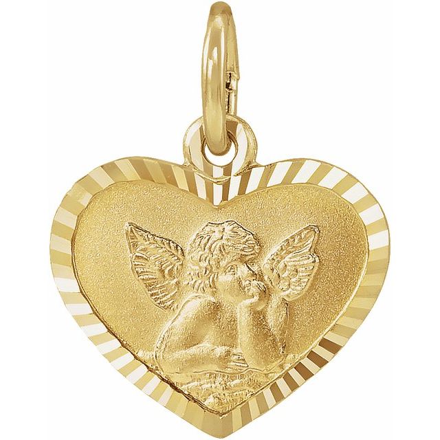 14K Yellow Gold 12x9 mm Heart Cherub Angel Medal