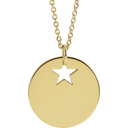 18K Yellow Gold-Plated Sterling Silver Pierced Star Engravable 15 mm Disc 16-18" Necklace