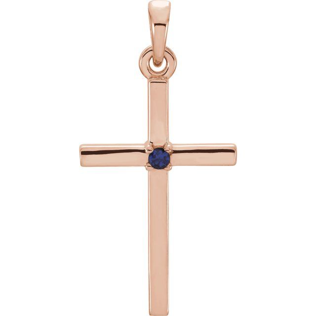 14K Rose Gold Natural Blue Sapphire Cross Pendant