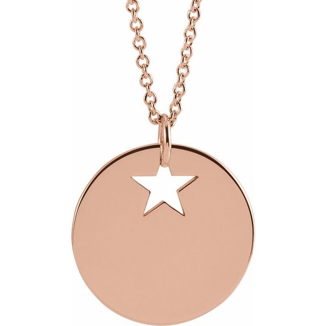 14K Rose Gold Pierced Star 15 mm Disc 16-18" Necklace
