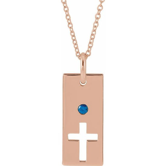 14K Rose Gold Natural Blue Sapphire Cross Bar 16-18" Necklace