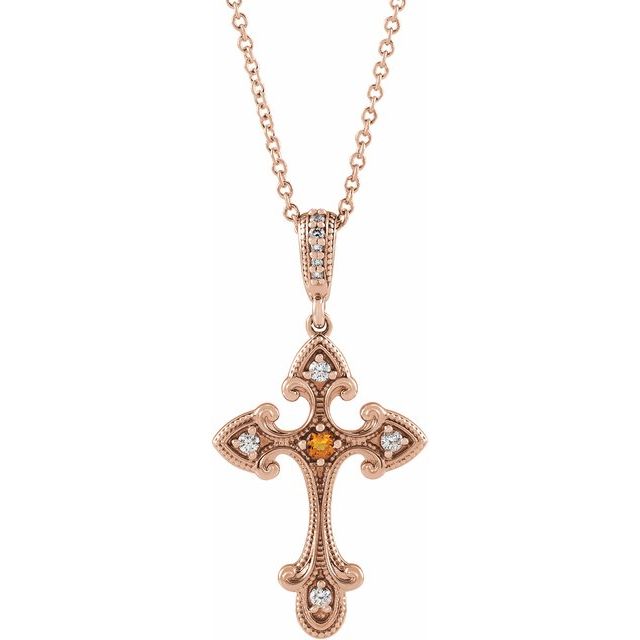 14K Rose Gold Natural Citrine & .06 CTW Natural Diamond Cross 16-18" Necklace 