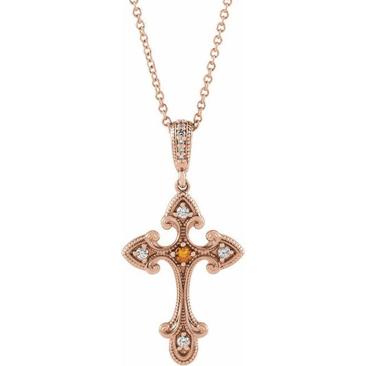 14K Rose Gold Natural Citrine & .06 CTW Natural Diamond Cross 16-18" Necklace 