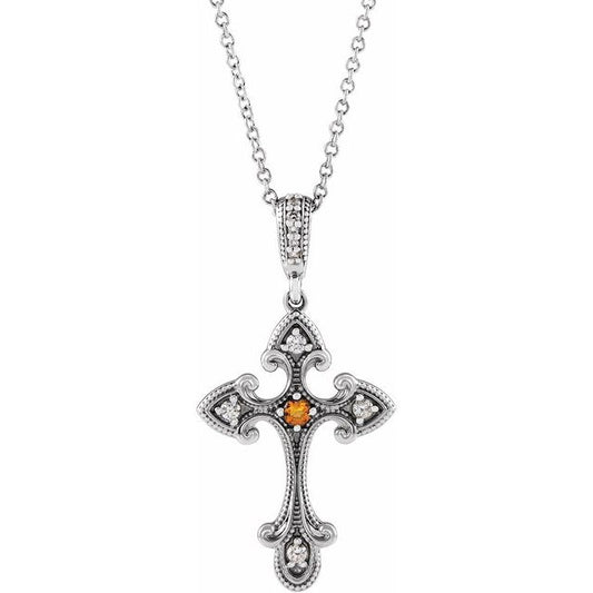 Platinum Natural Citrine & .06 CTW Natural Diamond Cross 16-18" Necklace 