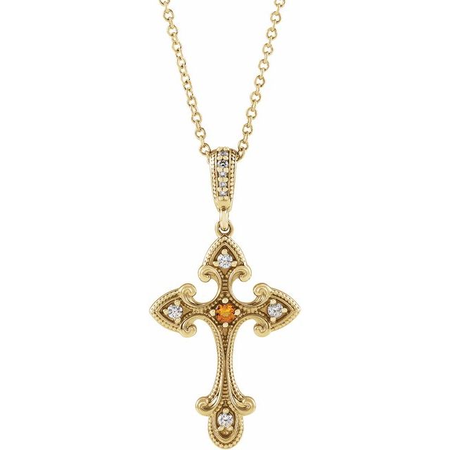 14K Yellow Gold Natural Citrine & .06 CTW Natural Diamond Cross 16-18" Necklace 