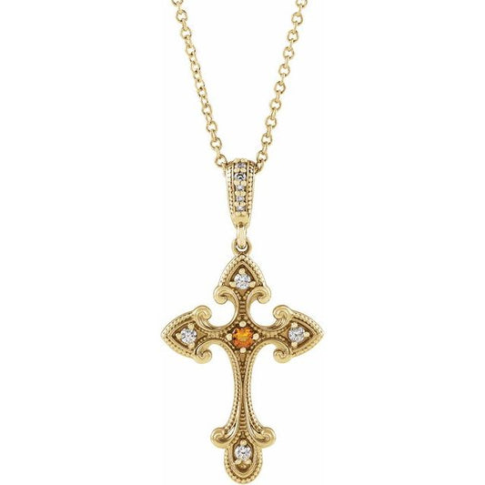14K Yellow Gold Natural Citrine & .06 CTW Natural Diamond Cross 16-18" Necklace 