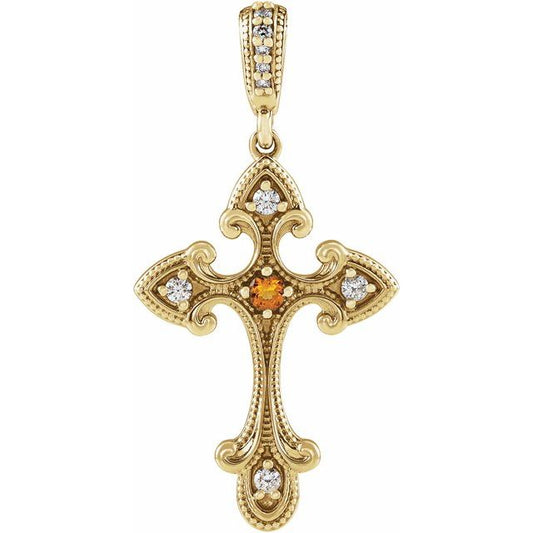 14K Yellow Gold Natural Citrine & .06 CTW Natural Diamond Cross Pendant