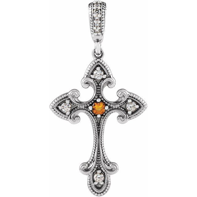 14K White Gold Natural Citrine & .06 CTW Natural Diamond Cross Pendant